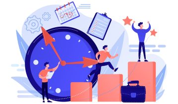 Businessman sets goals and runs up on graph columns for success on time. Self-management, self regulation learning, self-organization course concept. Pink coral blue vector isolated illustration