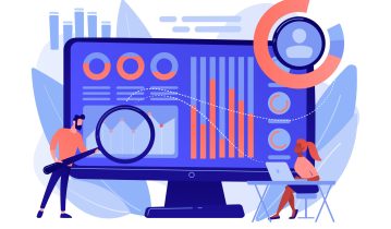 Data analyst oversees and governs income, expenses with magnifier. Financial management system, finance software, IT management tool concept. Pinkish coral bluevector isolated illustration